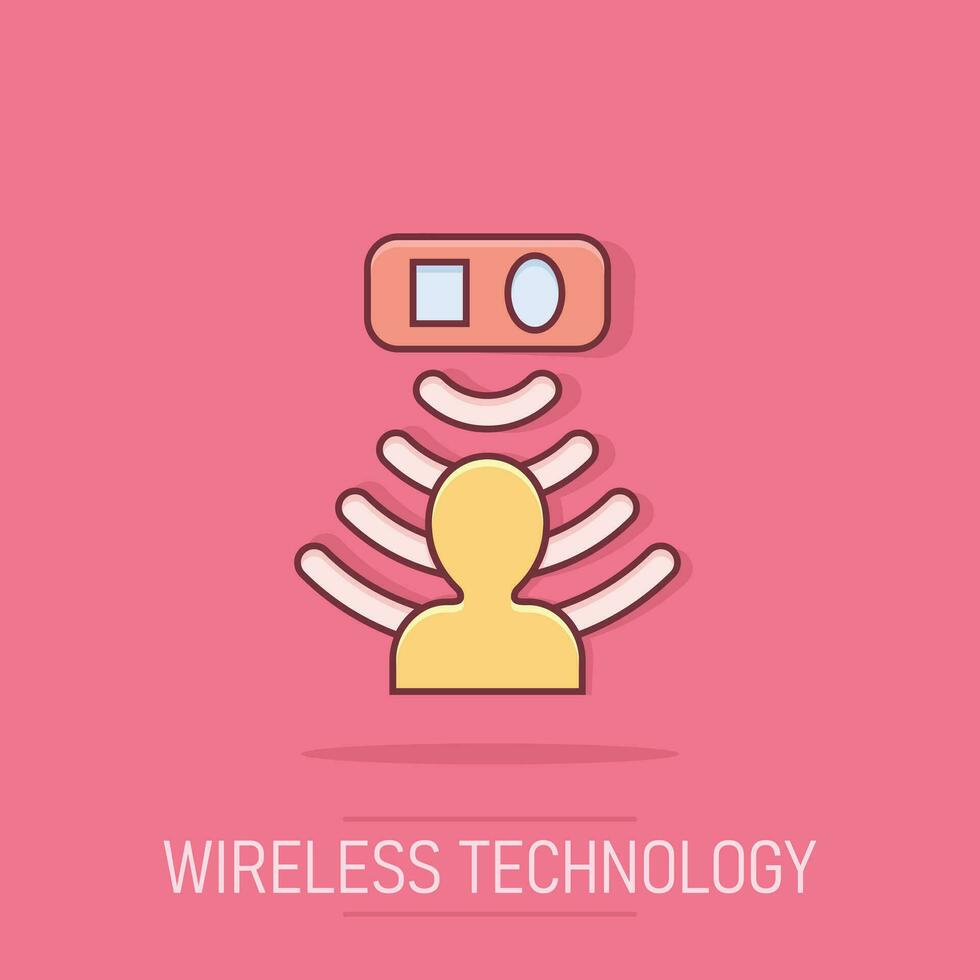 Motion sensor icon in comic style. Sensor waves with man vector cartoon illustration pictogram. People security connection business concept splash effect.