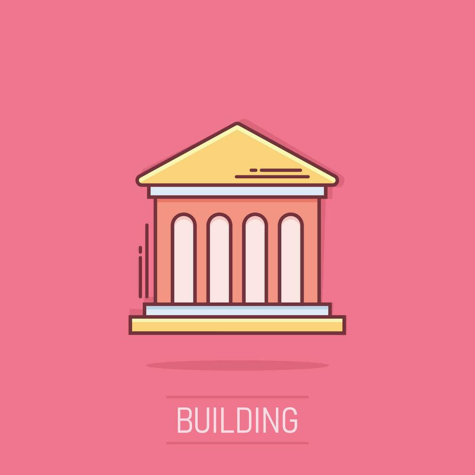 Bank building icon in comic style. Government architecture vector cartoon illustration pictogram. Museum exterior business concept splash effect.