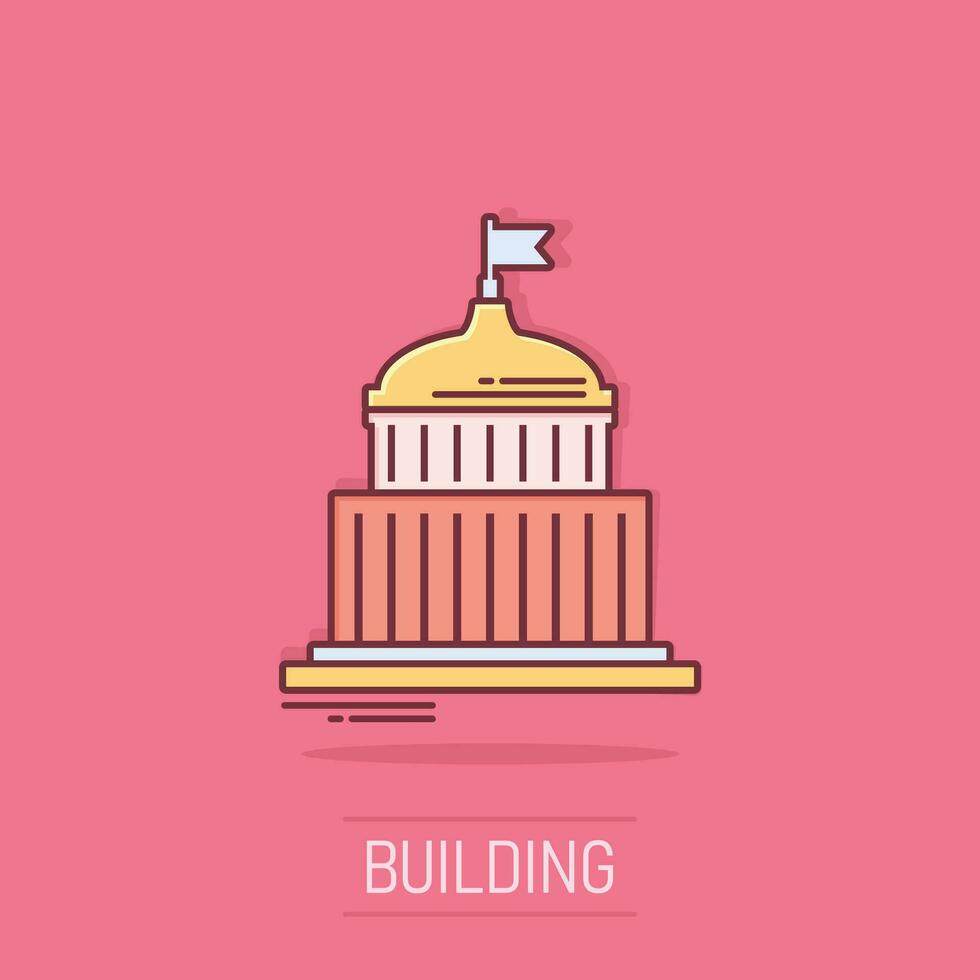 Bank building icon in comic style. Government architecture vector cartoon illustration pictogram. Museum exterior business concept splash effect.