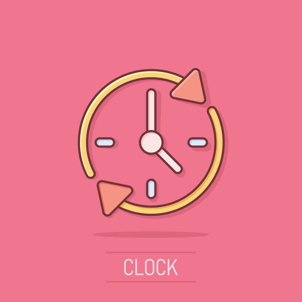 Clock countdown icon in comic style. Time chronometer vector cartoon illustration pictogram. Clock business concept splash effect.