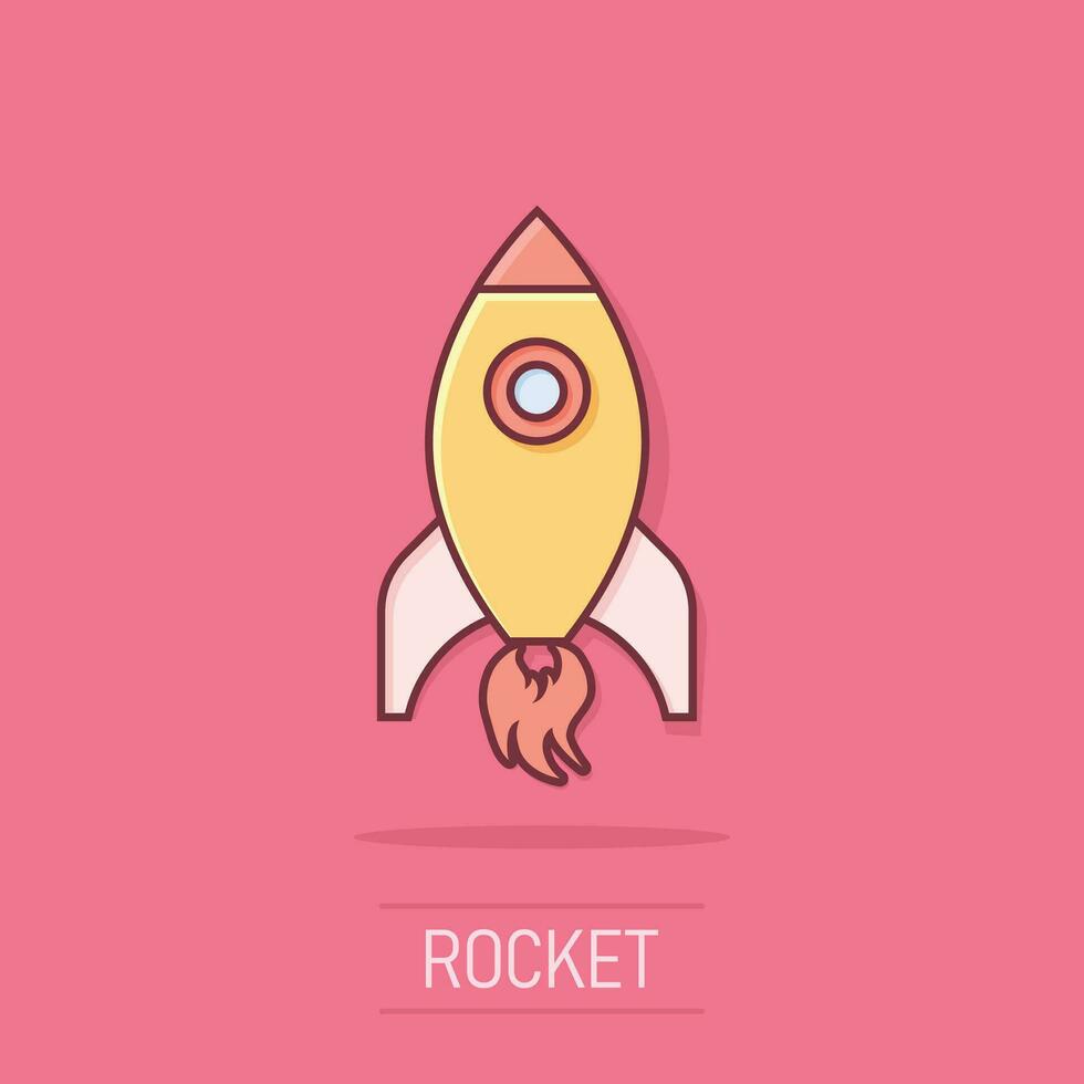 Rocket space ship icon in comic style. Spaceship vector cartoon illustration pictogram. Rocket start business concept splash effect.