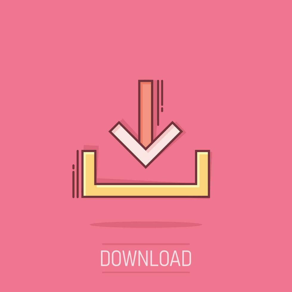 Download file icon in comic style. Arrow down downloading vector cartoon illustration pictogram. Download business concept splash effect.