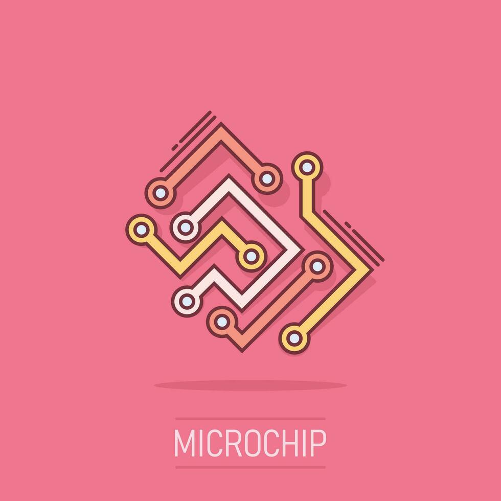 Circuit board icon in comic style. Technology microchip vector cartoon illustration pictogram. Processor motherboard business concept splash effect.