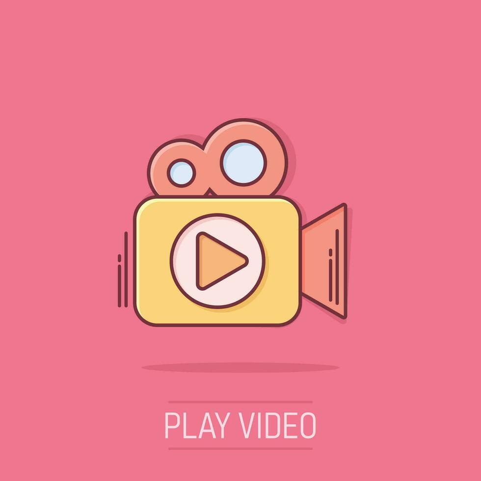 Video camera icon in comic style. Movie play vector cartoon illustration pictogram. Video streaming business concept splash effect.