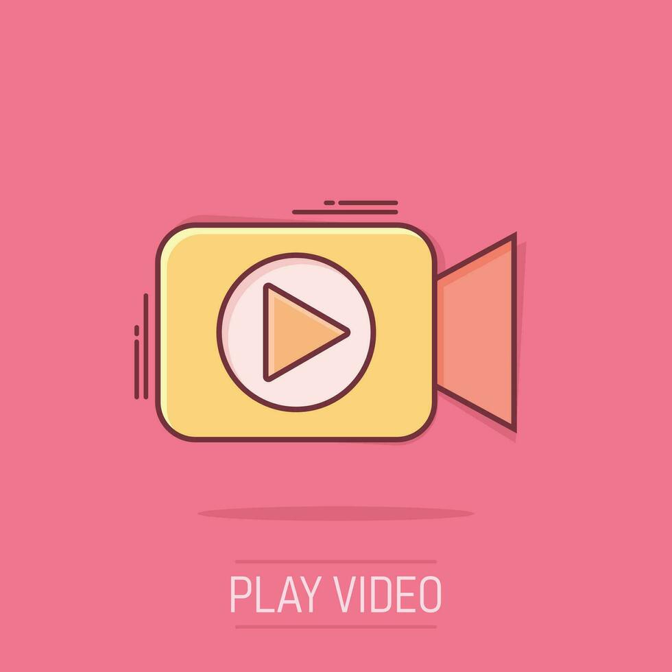 Video camera icon in comic style. Movie play vector cartoon illustration pictogram. Video streaming business concept splash effect.