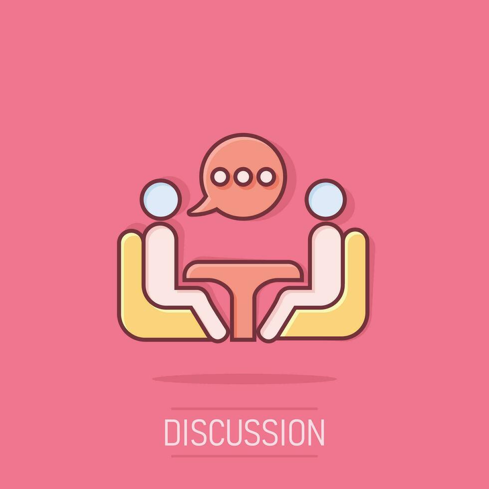 Business consulting icon in comic style. Two people with table vector cartoon illustration on white isolated background. Restaurant dialog business concept splash effect.