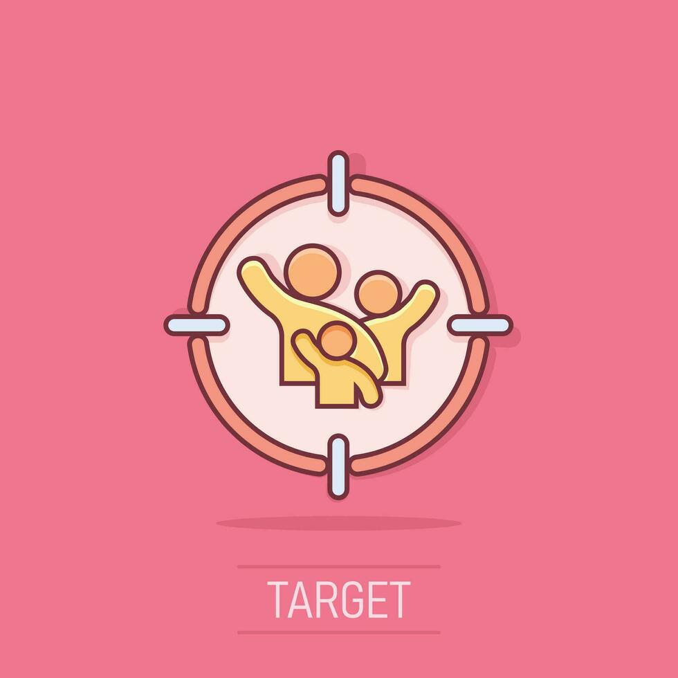 Target audience icon in comic style. Focus on people vector cartoon illustration pictogram. Human resources business concept splash effect.