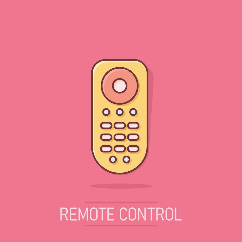 icono de control remoto en estilo cómico. controlador de infrarrojos ilustración de dibujos animados vectoriales sobre fondo blanco aislado. efecto de salpicadura de concepto de negocio de teclado de tv. vector