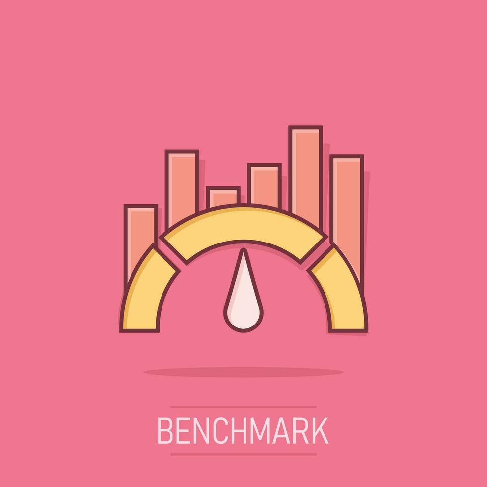 Benchmark measure icon in comic style. Dashboard rating vector cartoon illustration on white isolated background. Progress service business concept splash effect.