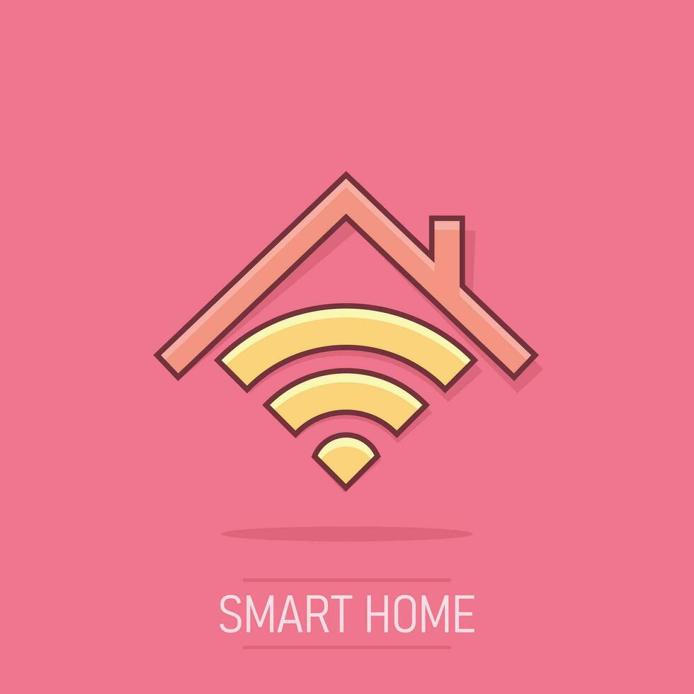 Smart home icon in comic style. House control vector cartoon illustration pictogram. Smart home business concept splash effect.