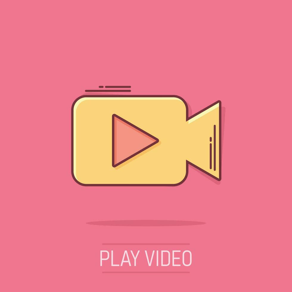 Video camera icon in comic style. Movie play vector cartoon illustration pictogram. Video streaming business concept splash effect.