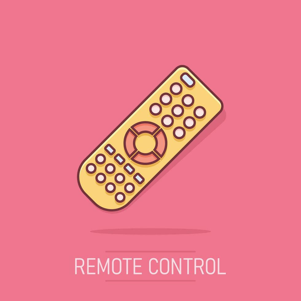 Remote control icon in comic style. Infrared controller vector cartoon illustration on white isolated background. Tv keypad business concept splash effect.