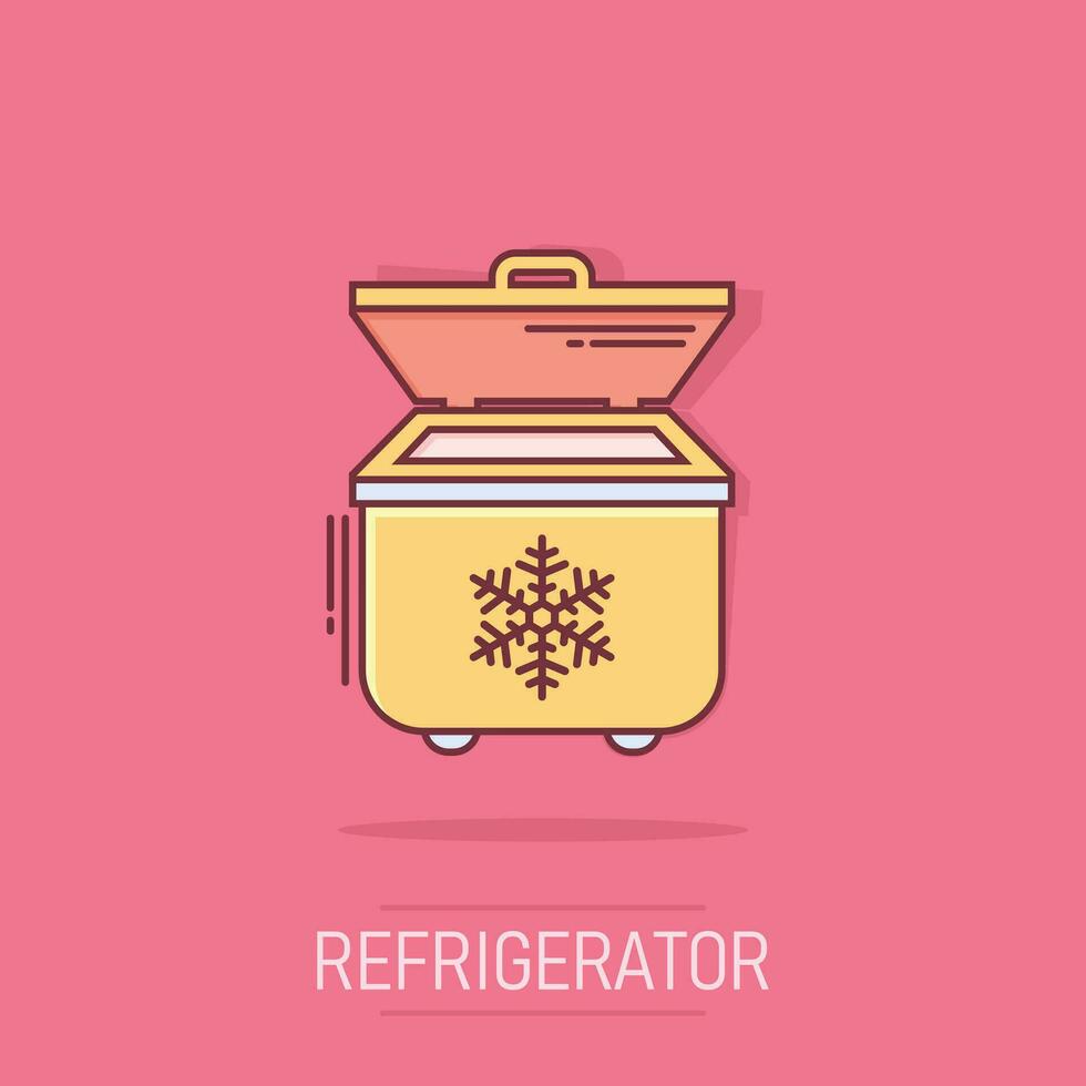 Fridge refrigerator icon in comic style. Freezer container vector cartoon illustration pictogram. Fridge business concept splash effect.