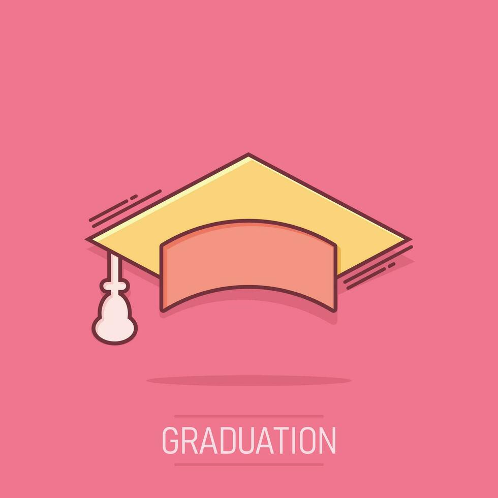 Graduation cap icon in comic style. Education hat vector cartoon illustration on white isolated background. University bachelor business concept splash effect.