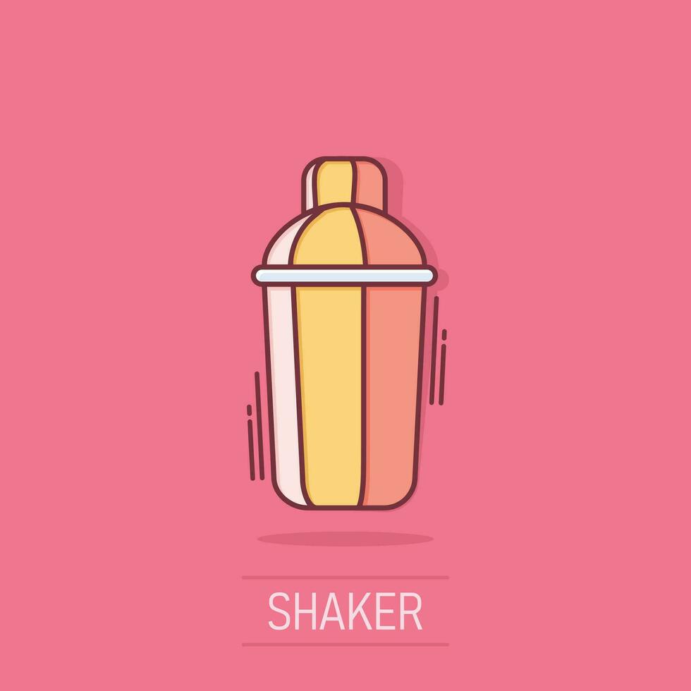 Shaker icon in comic style. Sport bottle vector cartoon illustration on white isolated background. Fitness container business concept splash effect.