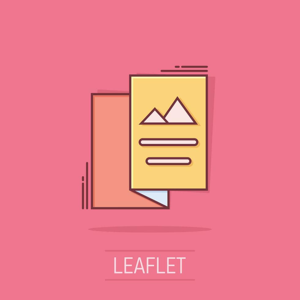 Flyer leaflet icon in comic style. Brochure sheet vector cartoon illustration pictogram. Booklet flyer business concept splash effect.