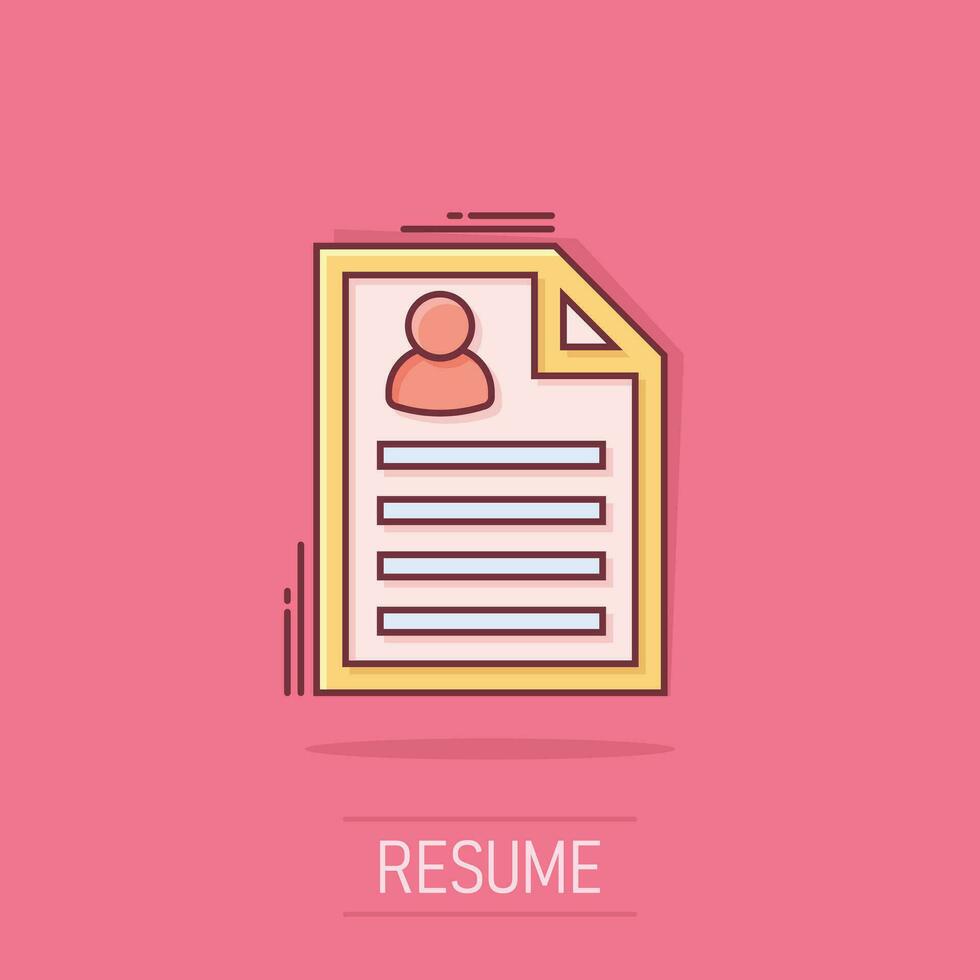 Resume icon in comic style. Contract document vector cartoon illustration pictogram. Resume business concept splash effect.