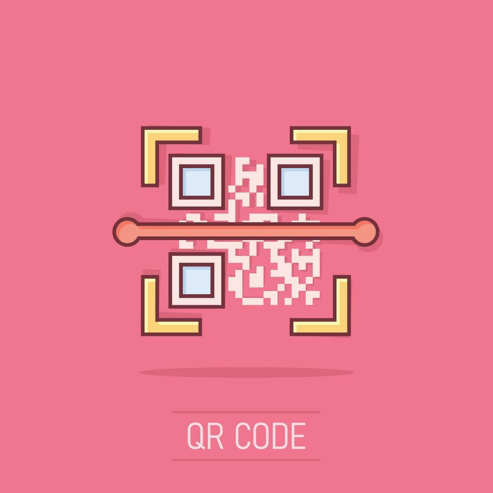 icono de escaneo de código qr en estilo cómico. Ilustración de dibujos animados de vector de identificación de escáner sobre fondo blanco aislado. efecto de salpicadura de concepto de negocio de código de barras.