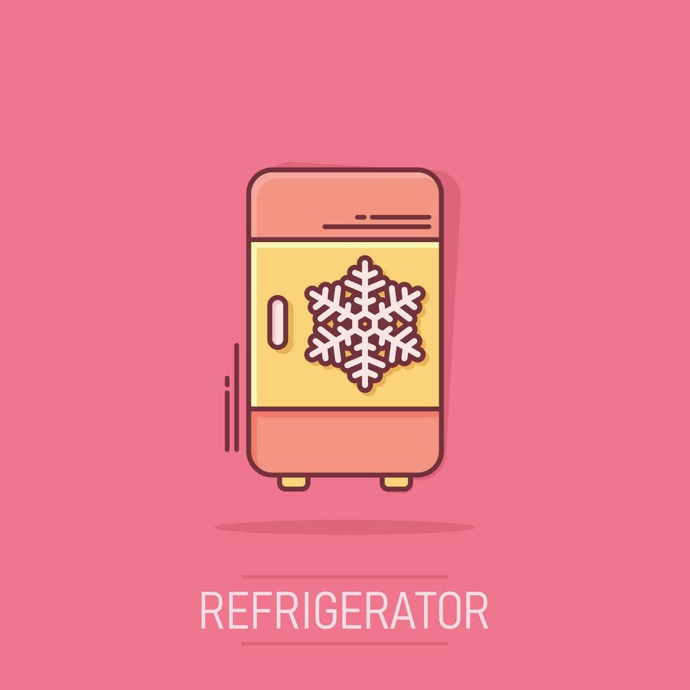 Fridge refrigerator icon in comic style. Freezer container vector cartoon illustration pictogram. Fridge business concept splash effect.