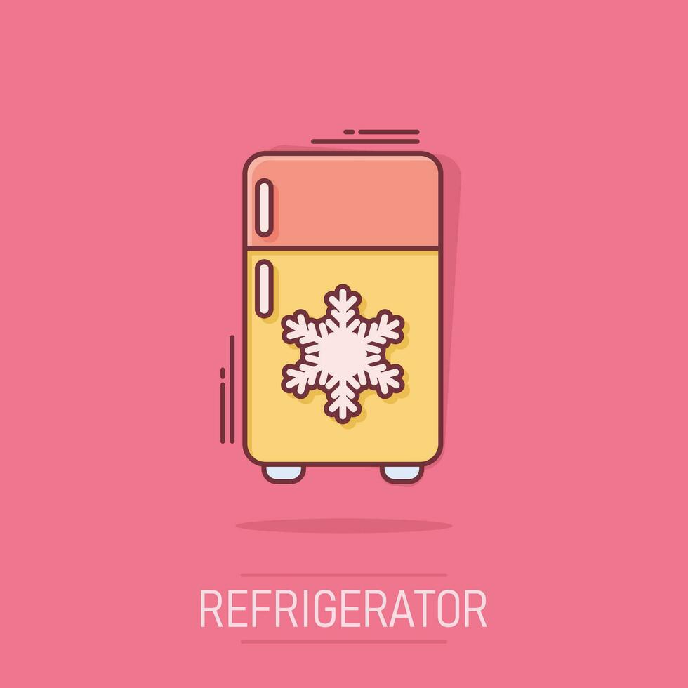 Fridge refrigerator icon in comic style. Freezer container vector cartoon illustration pictogram. Fridge business concept splash effect.