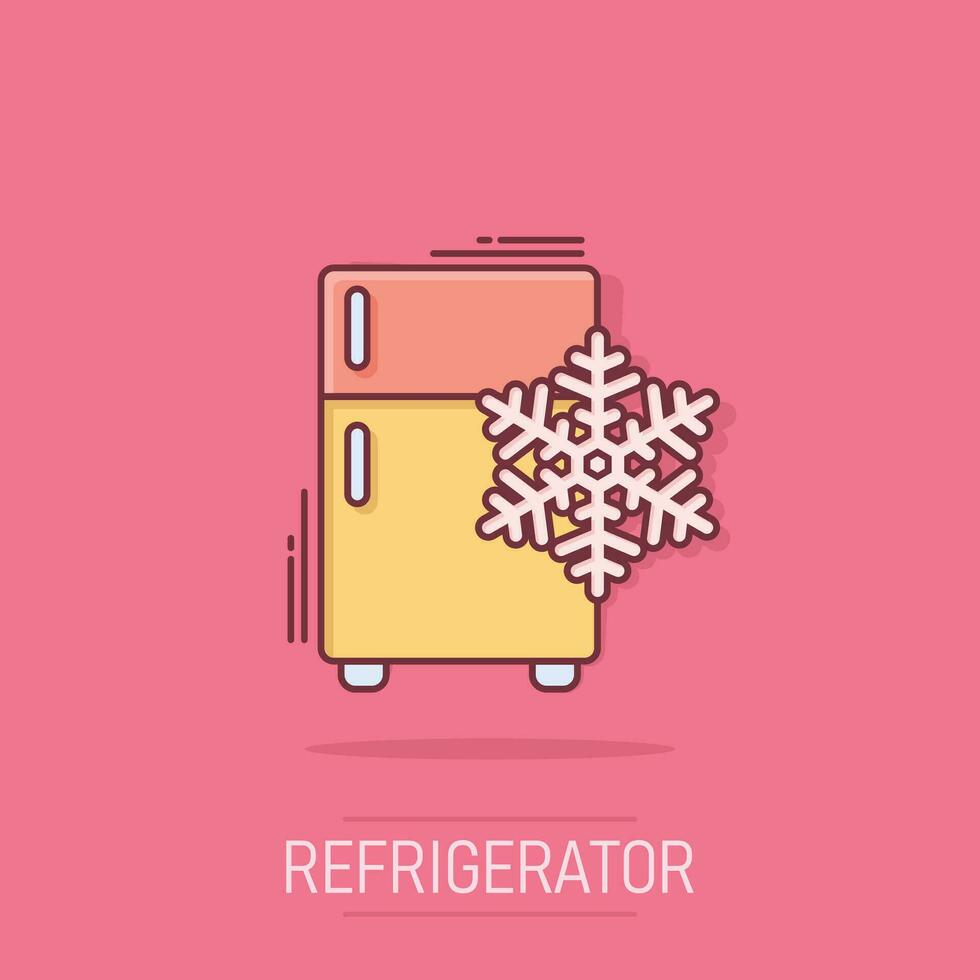 Fridge refrigerator icon in comic style. Freezer container vector cartoon illustration pictogram. Fridge business concept splash effect.