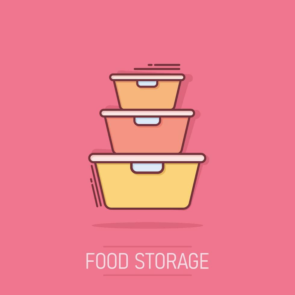 icono de contenedor de alimentos en estilo cómico. Pictograma de ilustración de dibujos animados de vector de tazón de cocina. efecto de salpicadura de concepto de negocio de caja de contenedor de plástico.