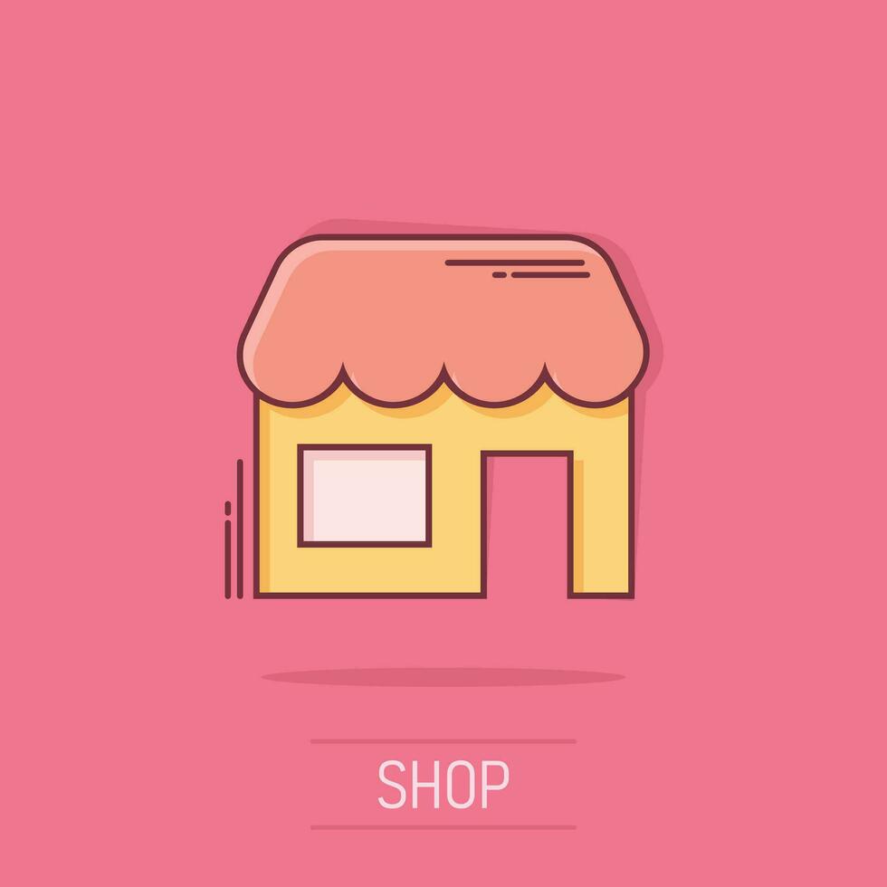 icono de la tienda de comestibles en estilo cómico. ilustración de dibujos animados vectoriales de construcción de tiendas sobre fondo blanco aislado. efecto de salpicadura de concepto de negocio boutique de mercado. vector