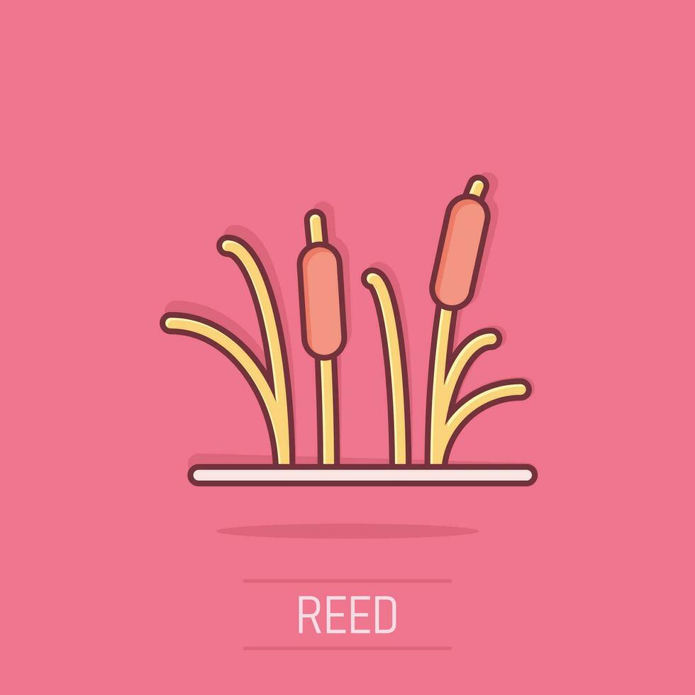 Reeds grass icon in comic style. Bulrush swamp vector cartoon illustration pictogram. Reed leaf business concept splash effect.