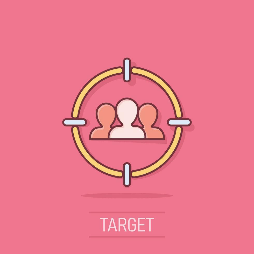 Target audience icon in comic style. Focus on people vector cartoon illustration pictogram. Human resources business concept splash effect.