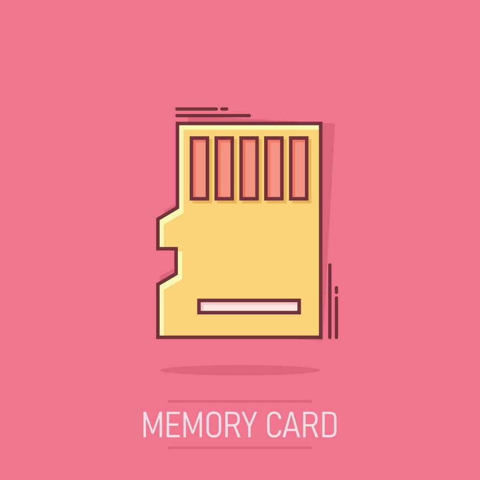 icono de tarjeta micro sd en estilo cómico. ilustración de dibujos animados de vector de chip de memoria sobre fondo blanco aislado. efecto de salpicadura de concepto de negocio de adaptador de almacenamiento.