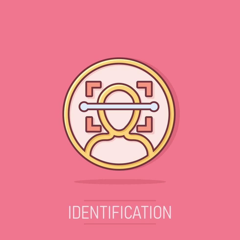 Face scan icon in comic style. Facial id vector cartoon illustration on white isolated background. Identification algorithm business concept splash effect.