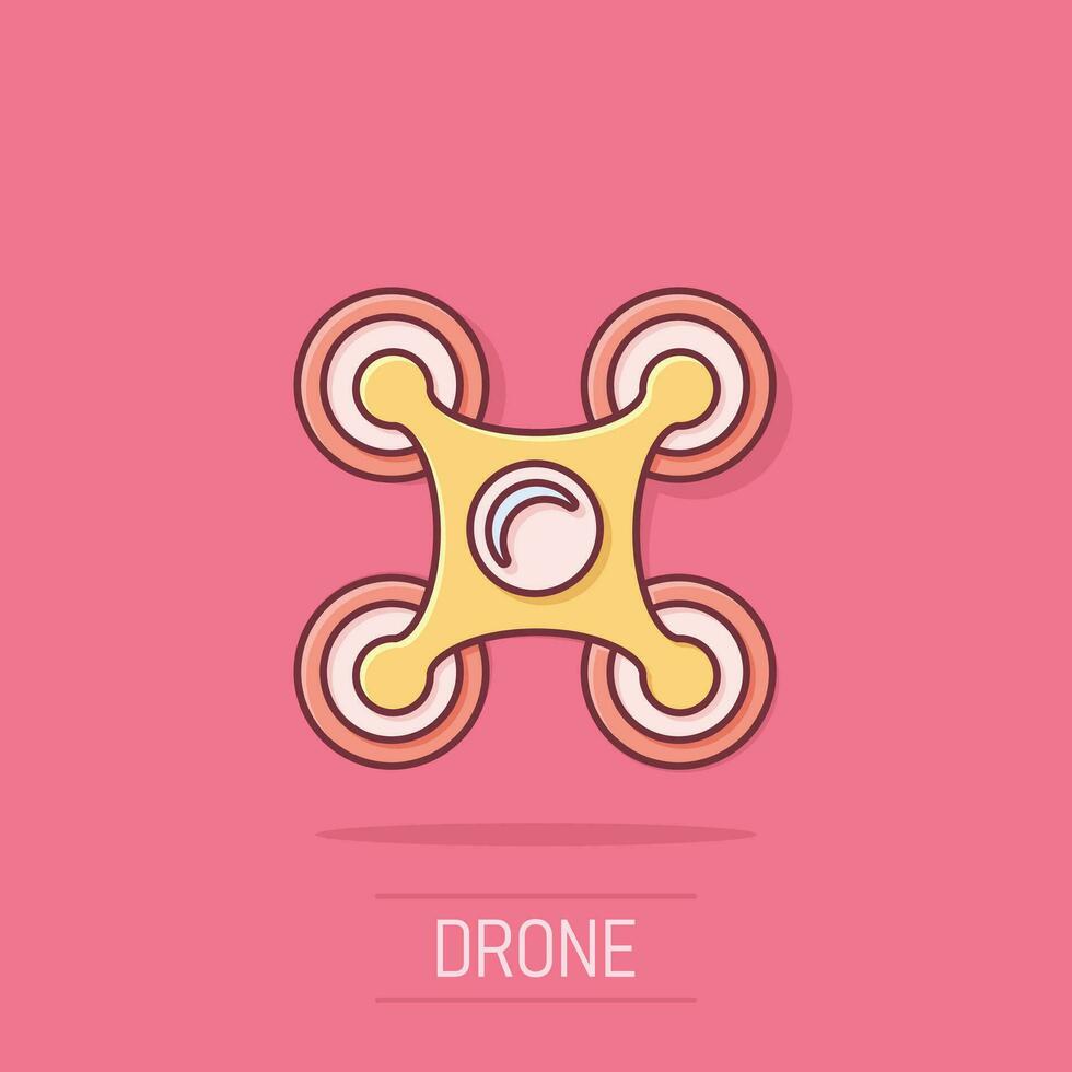 Drone quadrocopter icon in comic style. Quadcopter camera vector cartoon illustration on white isolated background. Helicopter flight business concept splash effect.