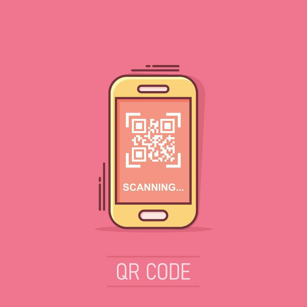 icono de teléfono de escaneo de código qr en estilo cómico. escáner en la ilustración de dibujos animados de vector de teléfono inteligente sobre fondo blanco aislado. efecto de salpicadura de concepto de negocio de código de barras.