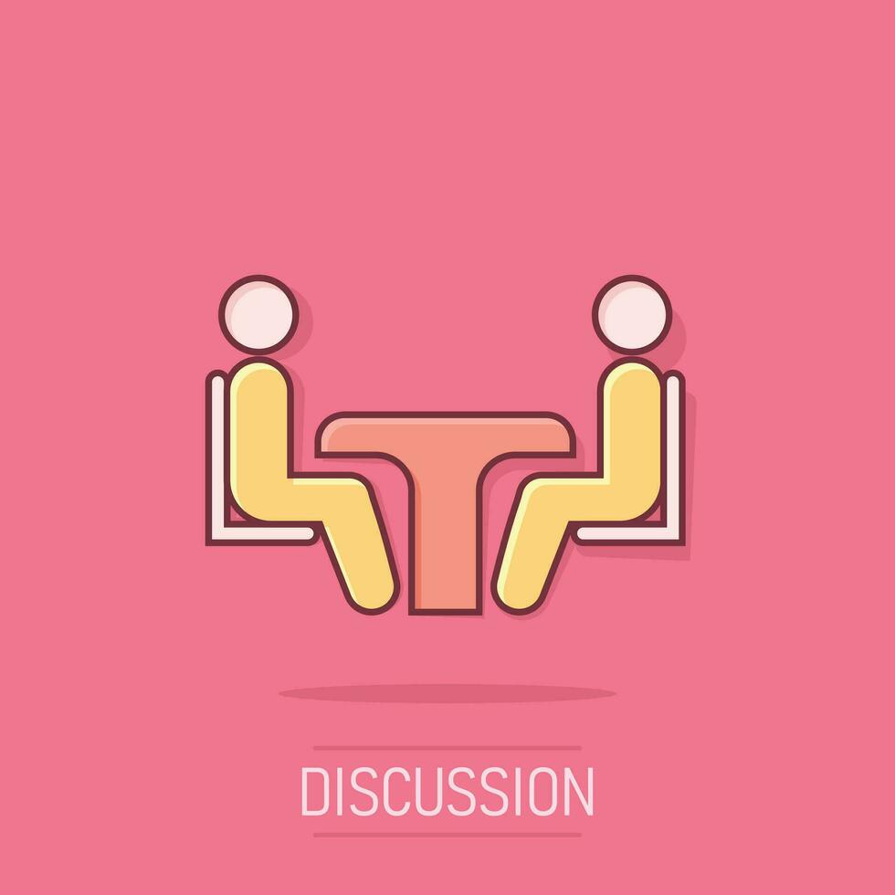 Business consulting icon in comic style. Two people with table vector cartoon illustration on white isolated background. Restaurant dialog business concept splash effect.
