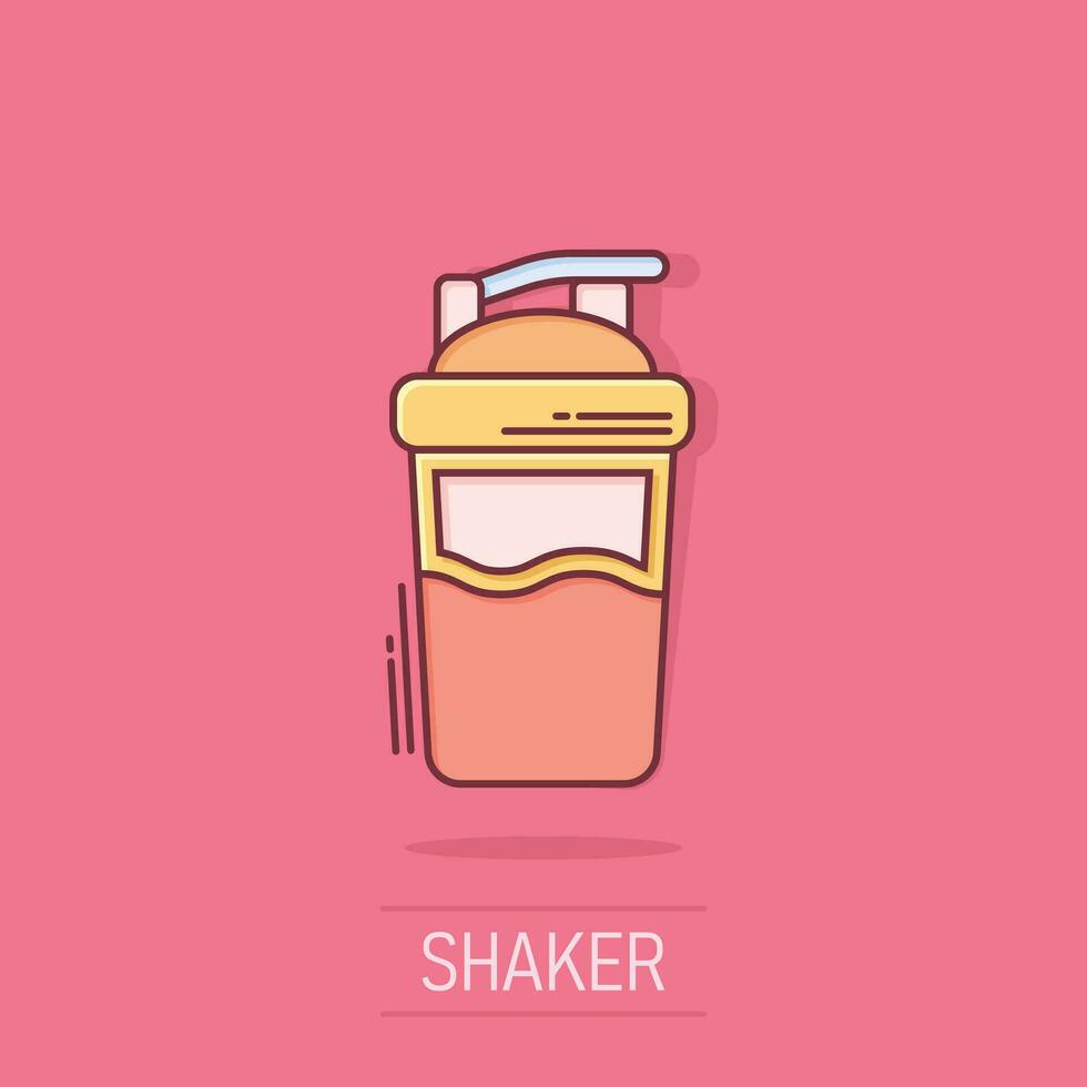 Shaker icon in comic style. Sport bottle vector cartoon illustration on white isolated background. Fitness container business concept splash effect.