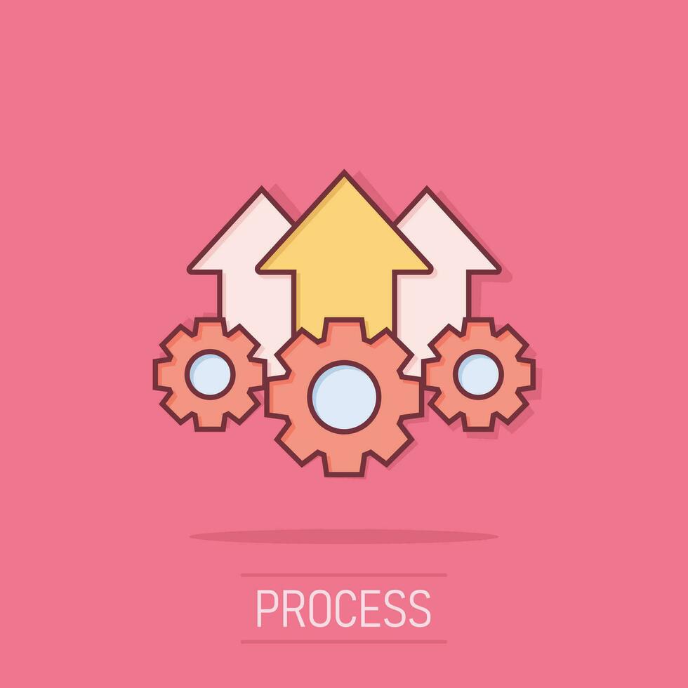 Operation project icon in comic style. Gear process vector cartoon illustration on white isolated background. Technology produce business concept splash effect.
