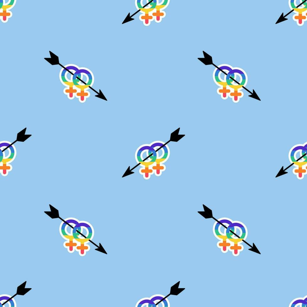 Seamless Pattern with Lesbian Love symbol in LGBT flag colors. Two female gender icons icon pierced by an arrow in Rainbow color. Texture with LGBT sticker. LGBTQ, LGBT pride community Symbol. vector