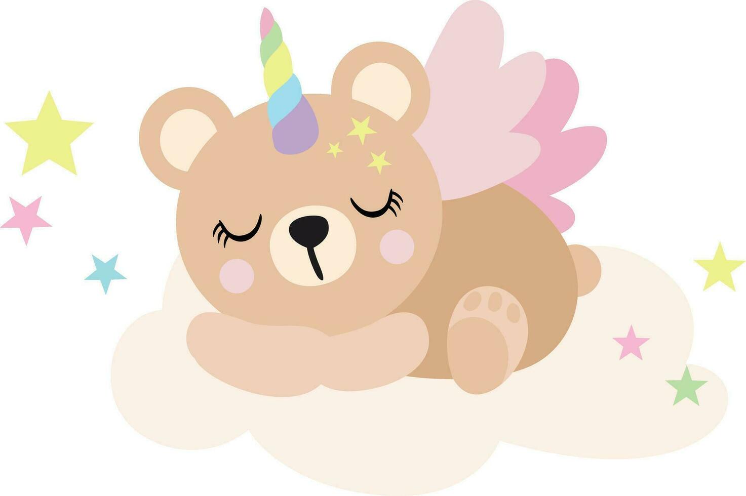 linda unicornio osito de peluche oso dormido en nube vector