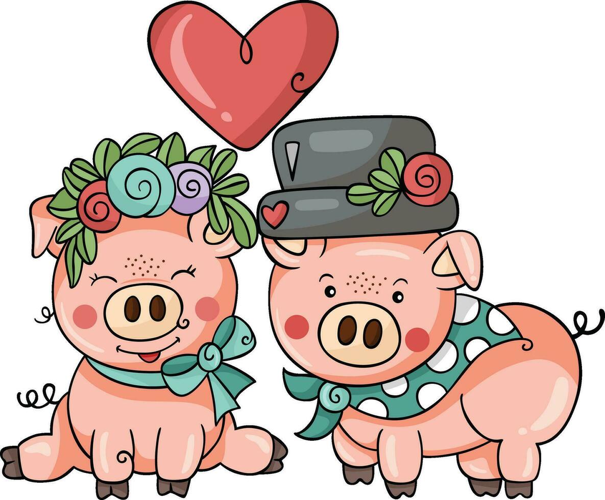 Couple of funny pigs in wedding costumes vector