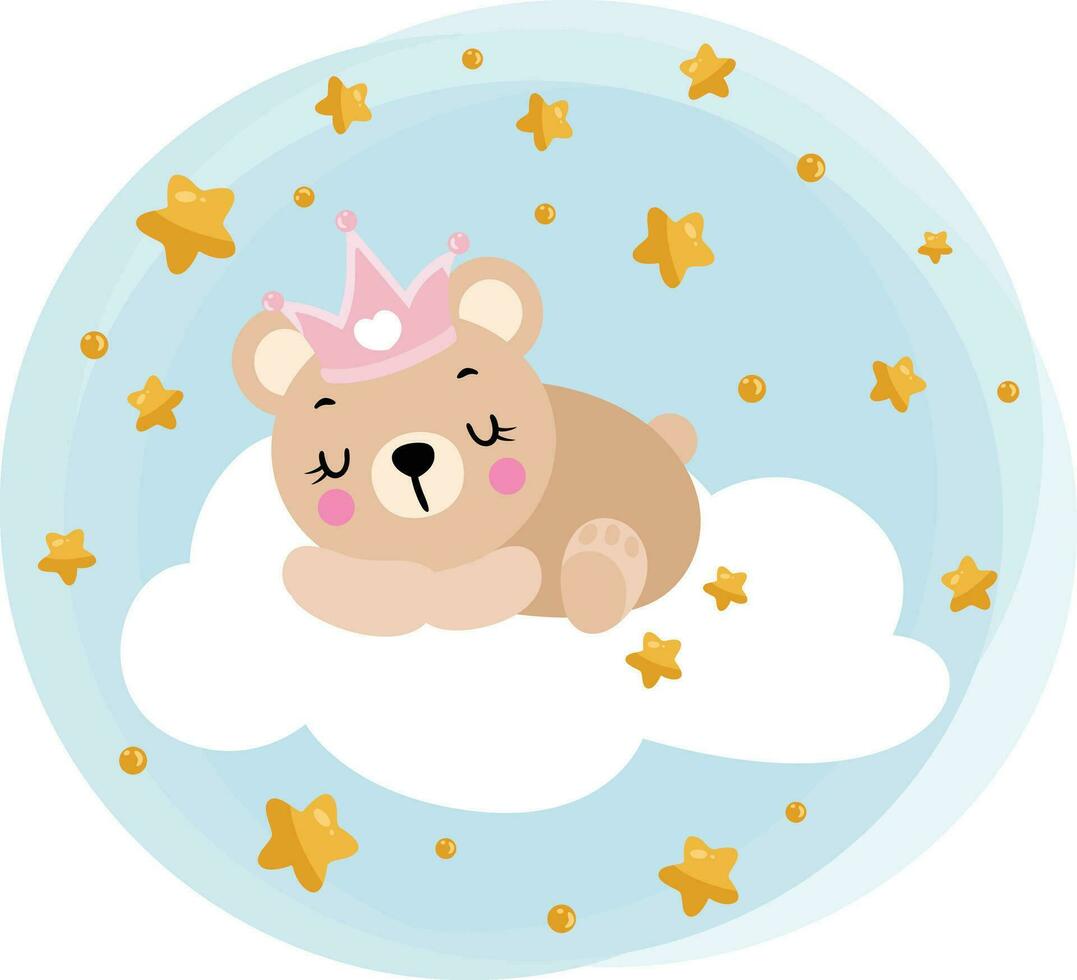 Round illustration sweet dreams with princess teddy bear prince sleeping on cloud vector