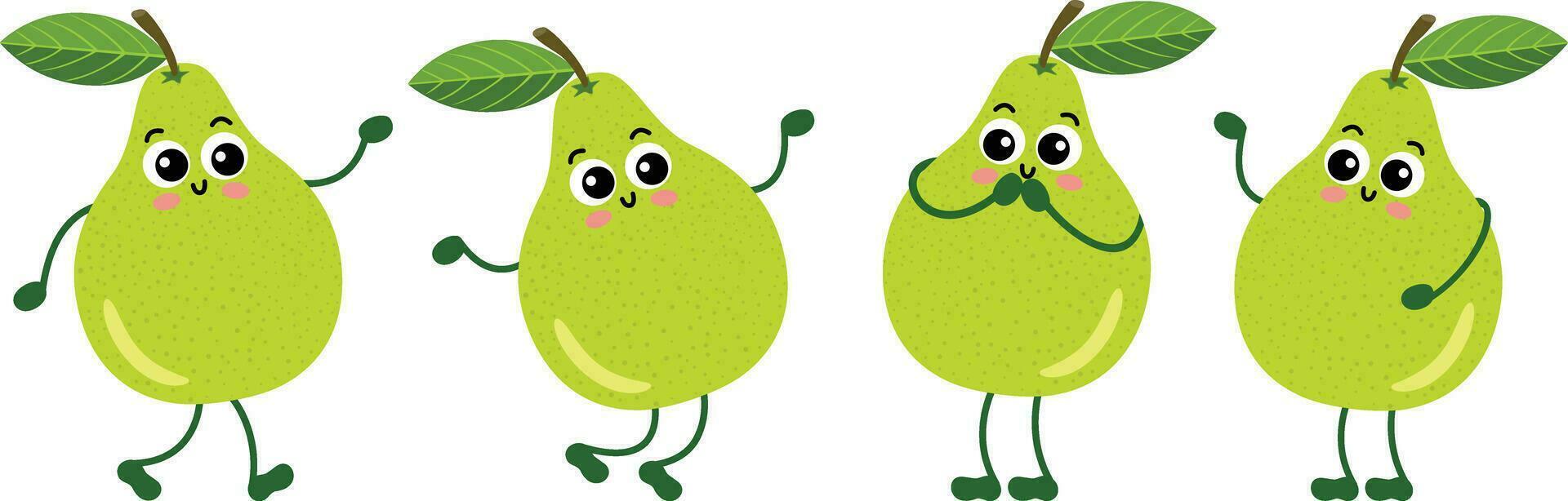 Set of funny green pear mascot in different positions vector