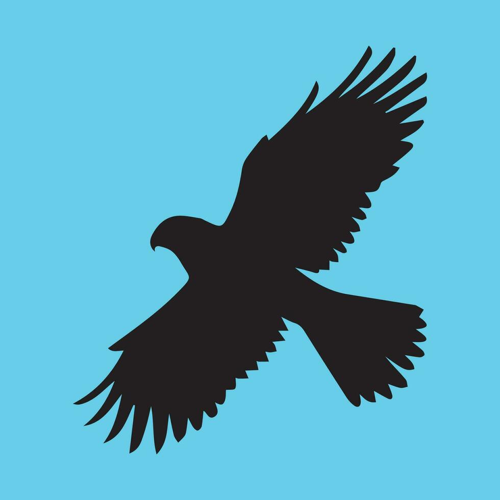 Black silhouette of a hawk on a blue background. Vector illustration.