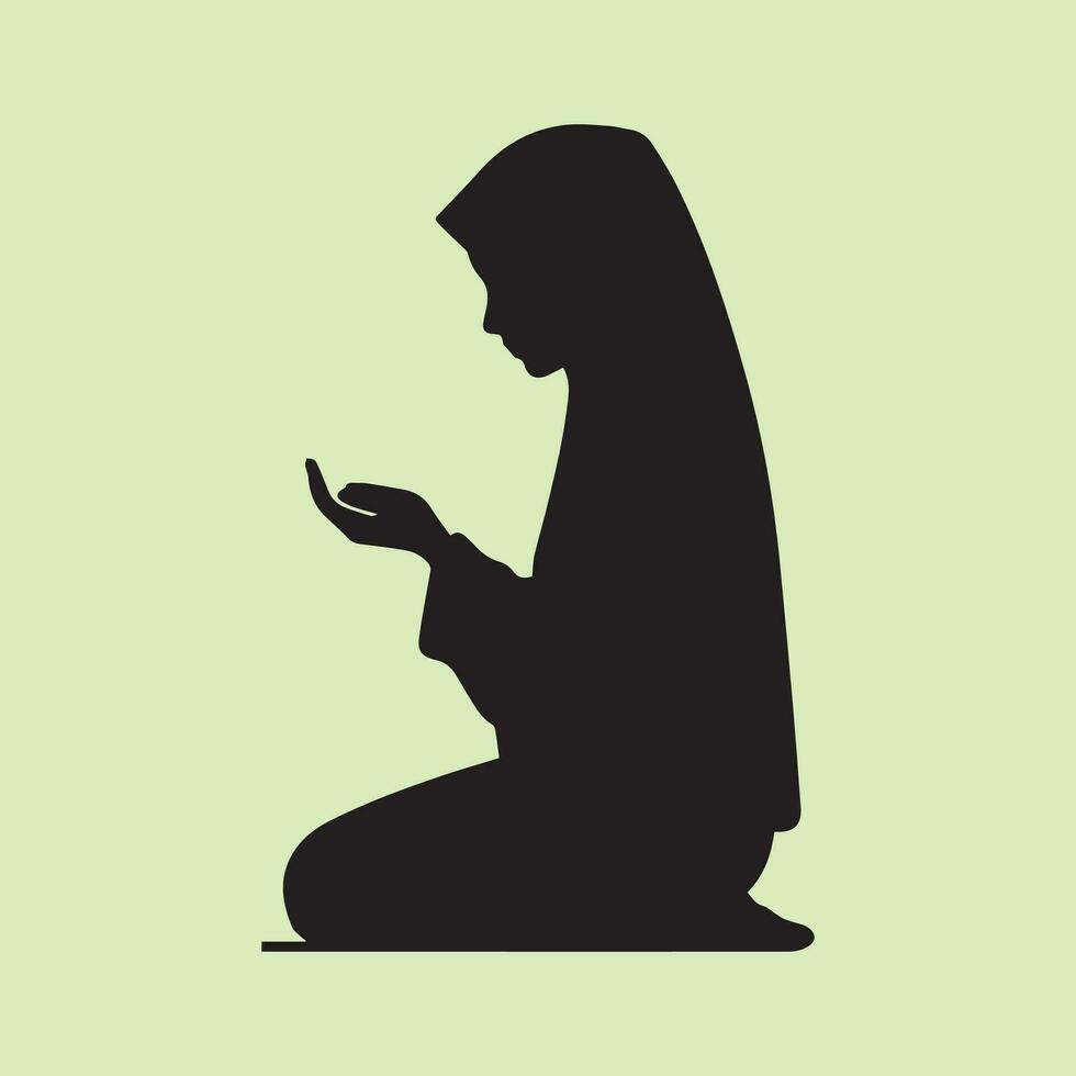Muslim woman praying with mobile phone. Silhouette. Vector illustration