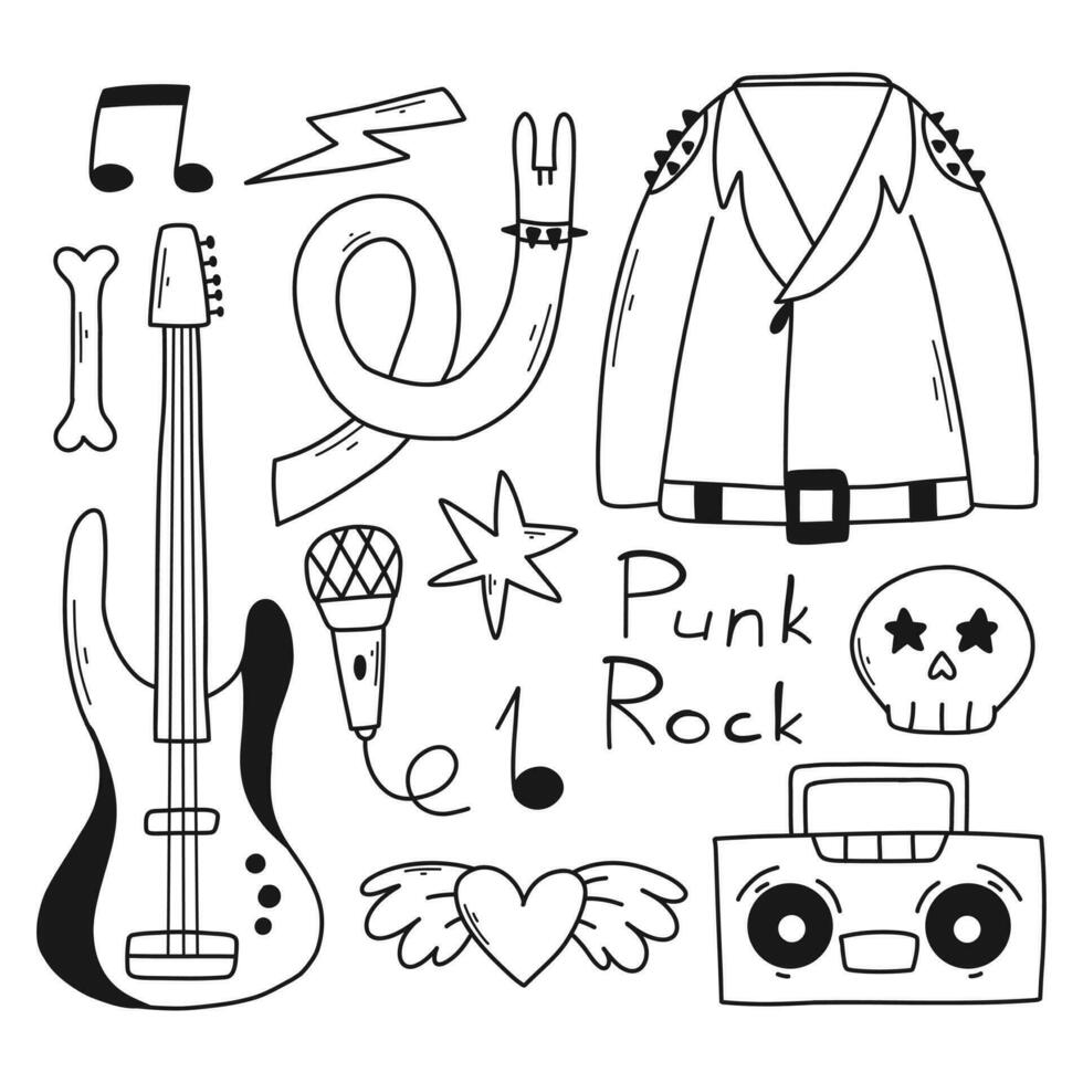 Rock n roll, punk music doodle set. Graffiti, tattoo hand drawn sticker, text, skull, heart, skate, gesture hand. Grunge rock vector illustration.