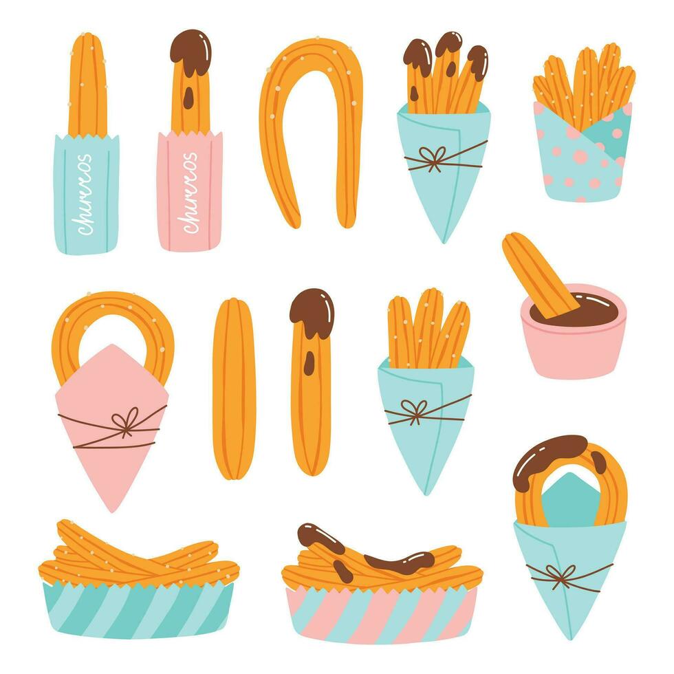 conjunto de churros en papel bolsas. colección de mexicano churros. vector ilustración en plano mano dibujado estilo.