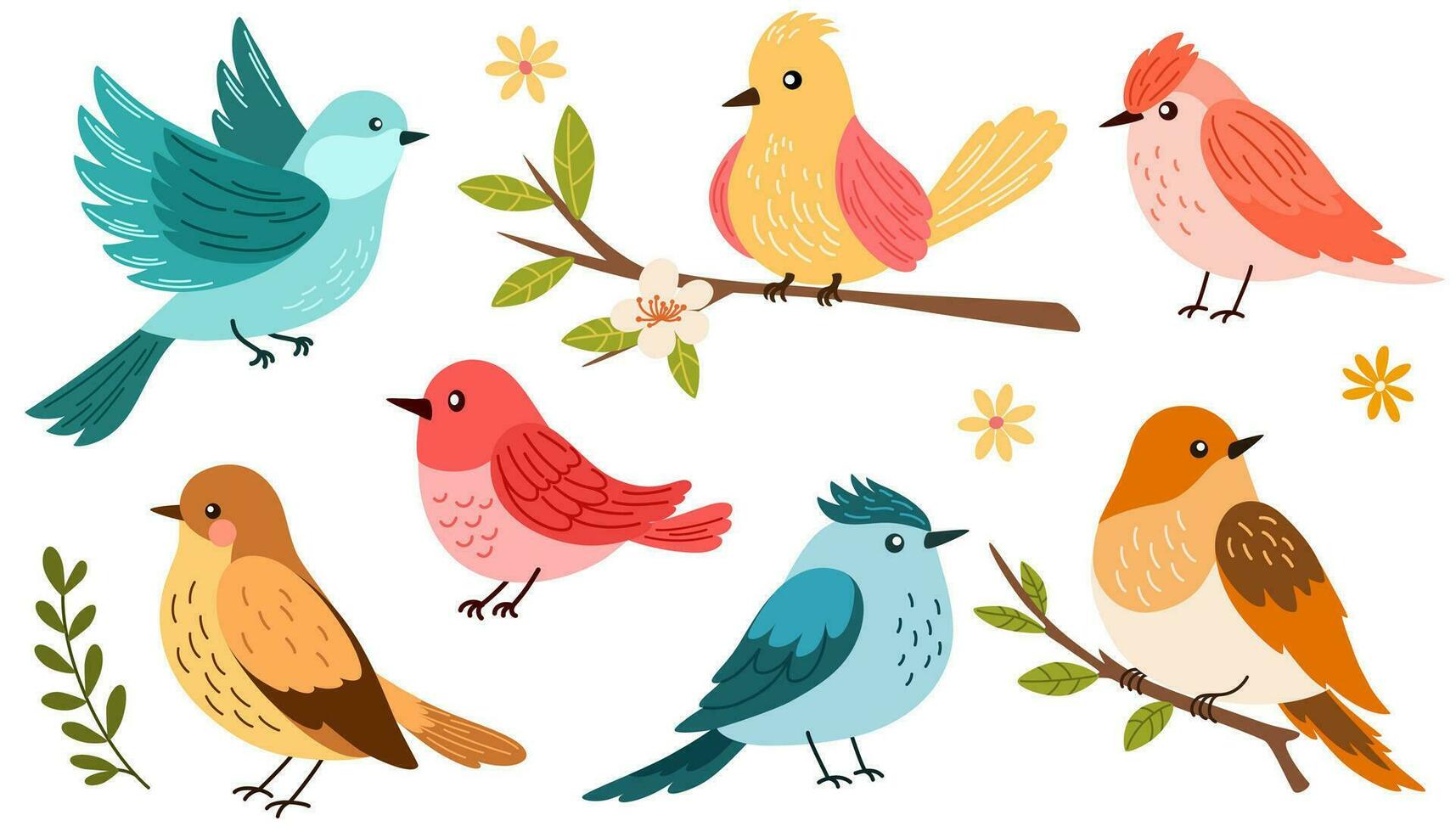 Spring birds set. Different beautiful birdie with flowers and branch. Vector cartoon illustration in childish style isolated on white.