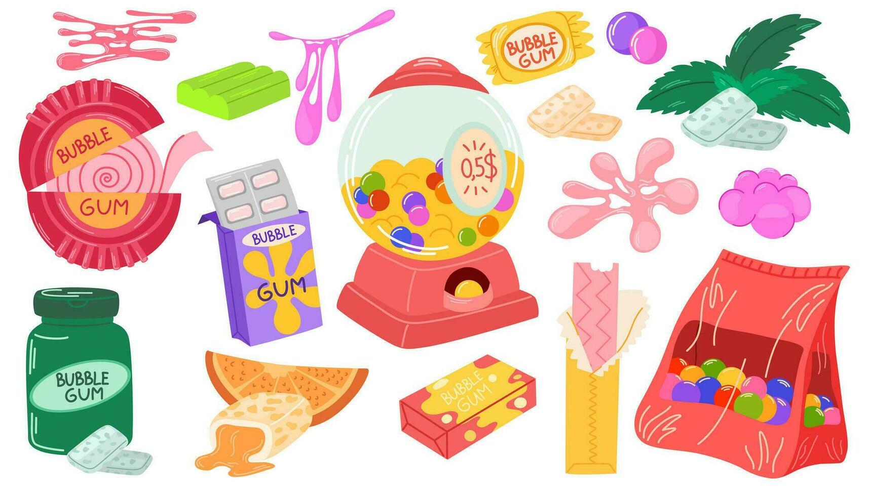 Bubble gum set. Various gum package set Chewing pads with mint, berries, orange flavours. Bubblegum candies in roll, balls, pillows, sticks. Cartoon style in vibrant colors. Isolated vector