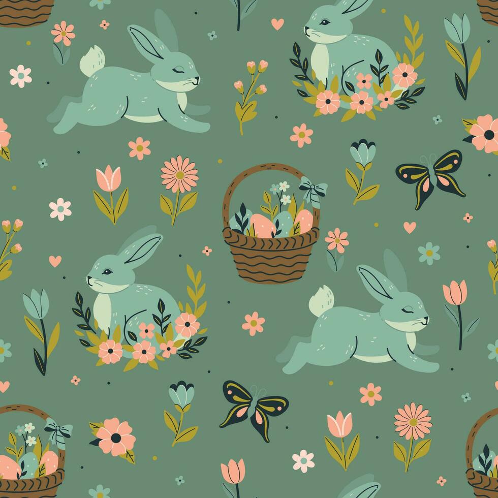 Seamless spring pattern with Easter bunnies, baskets with eggs, flowers. Vector graphics.