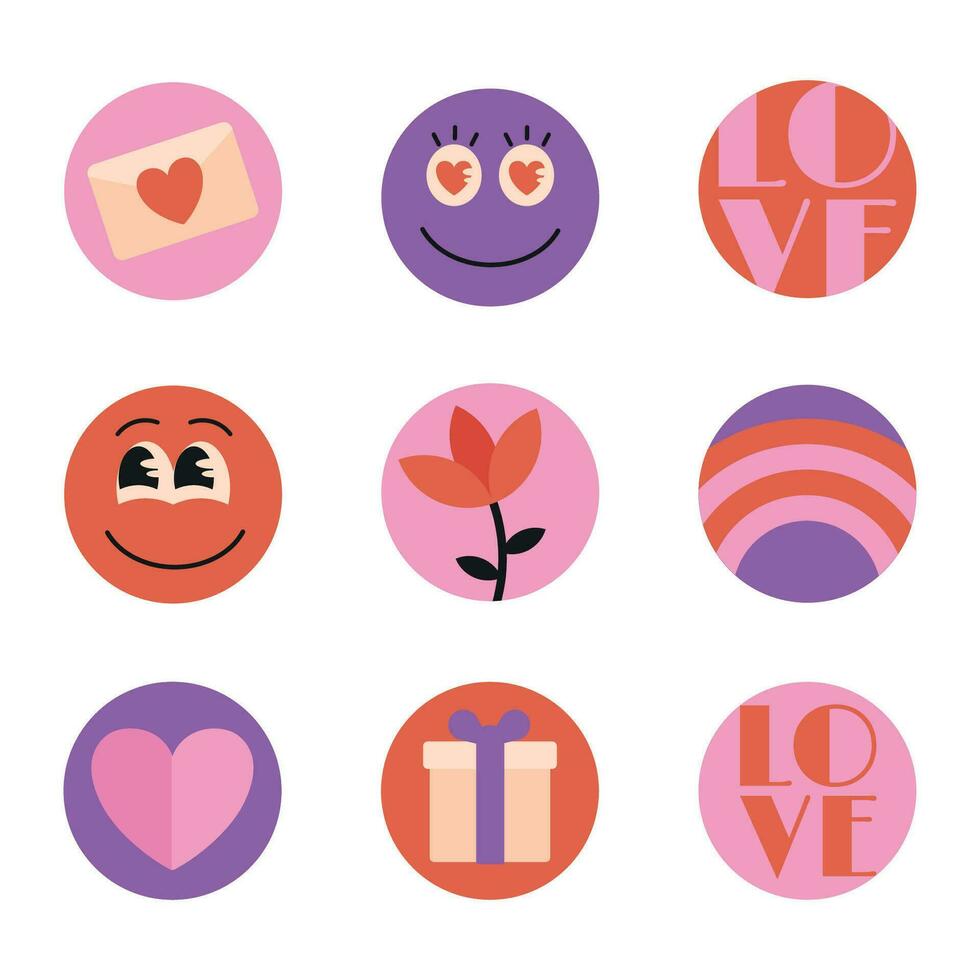 Set of Valentine Day icons, round flat stickers with romantic symbols, flower and characters. Vector illustration.
