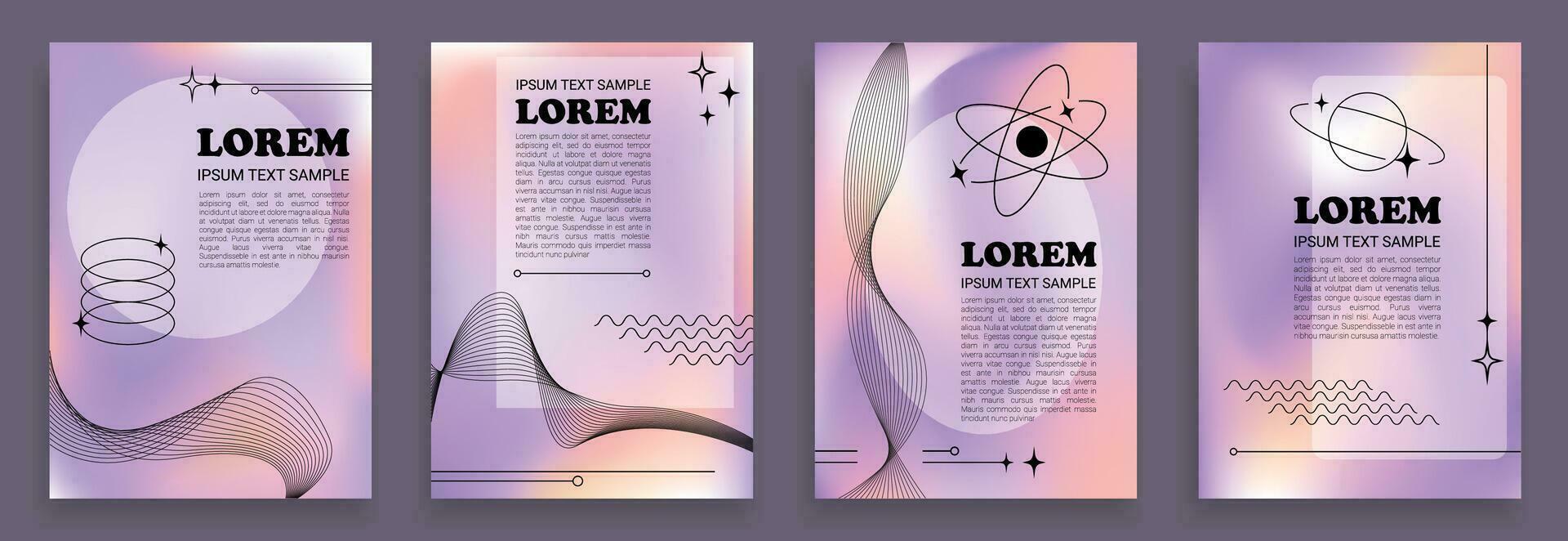 Abstract 2000s aesthetic backgrounds with Lorem Ipsum text, four liquid holographic baclgrops, prints, banners and posters in 00s graphic style. vector